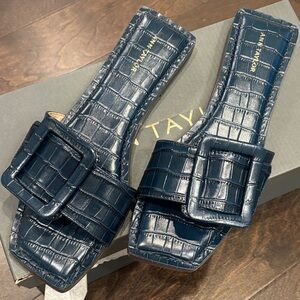 Ann Taylor Dark Blue Croc-Embossed Slides